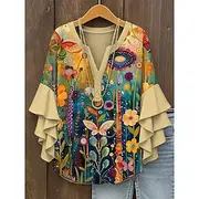 Women's Blouse Floral Graphic Butterfly Bohemia Vintage Daily 3/4 Length Sleeve V Neck Regular Tops Daily Holiday Vacation Wear Print Yellow Red Blue Purple Gr