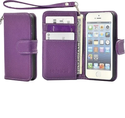 Apple iPhone 5, 5S, SE Case Cover PU Leather Wallet w Stylus Purple Fast Ship