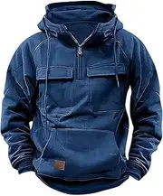 [Generic] Fashion Zip Up Hoodie Men Quarter Zip Tactical Long Sleeve Sweatshirt Hooded Drawstring Pullover Pocket Workout Jacket