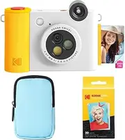 KODAK Smile+ 2-in-1 Digital Instant Print Camera & Wireless Bluetooth Photo Printer Starter Bundle + Deluxe Case + Zink 20pk Sticky-Back Photo Paper - 10MP, Special-Effect Rotating Lens - White