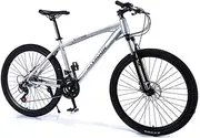 Mountain Bike, 24" High Carbon Steel Frame Adult Cross Country Bicycle 21 Speed Dual Disc Brakes and Lockable Front Fork Super Clear Shifting Bicycle,Silver