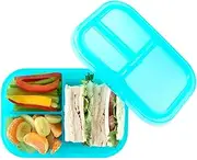 [Bumkins] Snack/Lunch Bento Box for Kids and Adults, 3 Compartment Container, Leak Proof Lid, for Portioning, Large Section Can Hold Sandwich, Food-Safe LFGB Platinum Silicone, Microwave-Safe, Blue