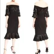 NWT Aidan Mattox black off the shoulders mermaid cocktail evening midi dress 0