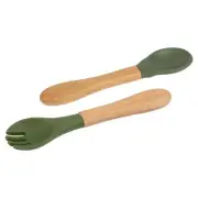 2pc Tiny Dining Olive Green Bamboo Baby Weaning Fork & Spoon Set Toddler Feeding