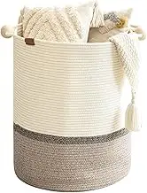 Cotton Rope Laundry Basket With Wooden Beads Handles Folded Storage For Clothes Blankets(White Brown)