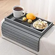 YUBAMIN Bamboo Sofa Arm Tray, Anti-Dropping Couch Arm Tray, Foldable Sofa Armrest Tray Couch Arm Table for Eats, Drinks, Snacks, Remote, Cellphone, Cup Holder, Back Anti-Slip Pad Design