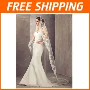 Elegant Chapel Length Wedding Veil with Lace Trim and Metal Comb - 106 inches