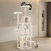 Petzly 180cm Cat Tree Tower for Large Cats, Multi-Level Plush Cat Tree for Indoor Cats with Sisal Scratching Posts and 2 Spacious Condo, Hammock, 2 Hanging Balls, Beige