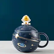 SHGarden Cute Astronaut Mug with Lid and Spoon Astronaut Cup Space Embossed Planet Mug Kawaii Cup Planet Cute Ceramic Coffee Mugs for Drinks Special Gifts for Parents and Friends SH0032 (Dark Blue)