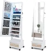 Costway 159 CM Lockable Jewelry Organizer, Jewelry Armoire with Wheels, Internal Vanity Mirror, Full Length Mirror, Magnetic Catch, Jewelry Cosmetic Storage Organizer with 3-Color LED Lights