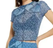 Nordstrom BP Patchwork Mesh Blue Floral Top Size Small Cropped Stretch Knit NEW