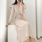Long-Sleeve V-Neck Plain Maxi A-Line Dress Almond - One Size
