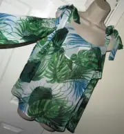 NEW WomensNEXTgreen mix tropical cold shoulder chiffon blouse top size 18