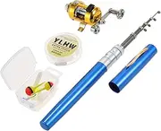 Fishing Rod Reel Combo Set Scopic Portable Pocket Pen Fishing Rod and Reel Al Num Alloy Fishing Line Soft Lures Baits Jig Hooks Blue