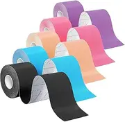 Kinesiology Tape, Elastic Physio Tape, Latex Free, Waterproof Elastic Muscle Support Tape for Muscle Support&Exercise, 5cm x 5m Per Roll (5 Rolls,Black+Light Blue+Pink+Beige+Purple)