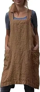 Cotton Linen Apron Cross Back Apron for Women with Pockets Pinafore Dress for Baking Cooking(Khaki,M)