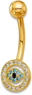 [JewelryWeb] 14k Solid Yellow Gold 14 Gauge Polished Multi color CZ Simulated Diamond Evil Eye Navel Belly Ring 23mm Long Body Piercing-Ring for Women