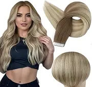 Full Shine 22" Remy Hair Tape in Hair Extensions Ombre Color #8 Fading to #60 and #18 Ash Blonde Ombre Glue in Hair Extensions Balayage 40Pcs 100 Gram Per Package