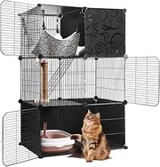 3 Tier Cat Cage, DIY Cat Cages Indoor Cat Enclosure Playpen with Cat Litter Box, Detachable Metal Wire Cat Kennels Crate with Large Hammock, Cat Bed, Stairs, Scratcher for 1-2 Cats
