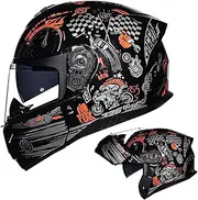 Motorcycle Helmet Dual Visor Modular Flip Up Full Face Helmet for Adult Street Bike Cruiser Moped Scooter DOT/ECE Approved Anti-Collision Helmets for Men Women E,M=54-55CM