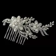 Silver Diamond White Pearl & Rhinestone Floral Vine Prom Bridal Hair Comb
