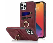Full Protection Cover for iPhone 12 Pro, 2 Cards PU Leather Case with Ring Holder - Dark Red