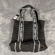 New Karl Lagerfeld Antibes Straw Weave Logo Tote Shoulder Beach Bag Purse Black