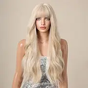 Natural Long Curly H Wig for Women with Bang Heat Synthetic H Wig y Blonde Wavy Wig with Elastic H Net for Cosplay Party Daily Use