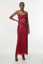 Petite Crystal Beaded Strappy Woven Maxi Dress