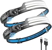 Smiling Shark LED Headlamp, 230°Wide Angle 3*Multi-Color Light Strips 2 Packs Head Lamp Rechargeable with Motion Sensor Waterproof Headlight for Camping Hiking Outdoor, Head-Lamp-LED-Hat-Light (White)