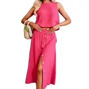 Women's Dress Set A Line Dress Casual Plain Pocket Buttons Maxi Dress Sleeveless Crew Neck Outdoor Daily White Pink Wine Summer Spring Regular Fit