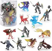 12 Pack Medieval Knight and Dragon Figurines Toy Set, Mythical Ancient Soldiers and Creatures for Kids, Decorative Cake Toppers & Party Favors