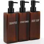 3 Pcs 500ml Square Shampoo Bottles, Refillable Pump Dispenser, Foaming Soap Dispenser, Dispenser with Labels, Shower Container for Body Soap Shampoo Conditioner (Tawny, 6.8 * 20 CM) ﻿