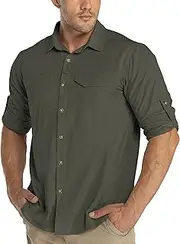 [33,000ft] Mens UPF50+ UV Protection Hiking Shirt Breathable Safari Shirt Button Down Long Sleeve Shirt Fishing Shirt Wicking Quick Dry Roll-UP Sleeves Outdoor Shirt for Walking