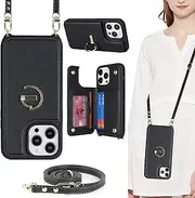 ELTEKER Crossbody Lanyard Case for iPhone 13 Pro Max,PU Leather Wallet Case Flip Cover with Card Holder Crossbody Strap for iPhone 13 Pro Max (6.7 Inch)- Black