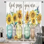 Riyidecor Sunflower Bible Verse Curtains Christian Quotes Farmhouse Rustic Floral Flower Scripture Rod Pocket Retro Hummingbird Wooden Plant Bedroom Living Room Treatment Fabric 2 Panels 52Wx84H Inch