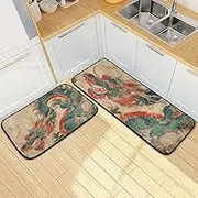XYMZR Kitchen Mat Chinese Dragon Retro for Floor, 2 Piece, Non Slip Washable Kitchen Rugs for Kitchen & Home Decor, Sink, Bathroom 19.7” x 27.6” + 19.7” + 47.2”