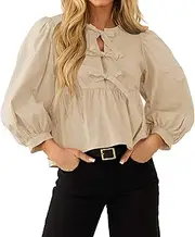 [EGOCKAL] 3/4 Length Sleeve Blouses for Women Trendy Tie Front Y2K Babydoll Tops Casual Going Out Puff Sleeve Peplum Blouse