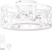 White Caged Ceiling Fans with Lights and Remote Outdoor Enclosed Bladeless 18 In