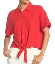 $108 NWT SPLENDID SzS TIE HEM BUTTON FRONT SHORT SLEEVE TOP BLOUSE AMORE RED