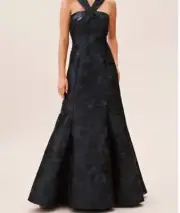 Aidan Mattox Halter Mermaid Silhouette Gown Dress Floral Midnight Blue NWT SZ 2