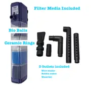 Fish Tank Canister Internal Filter: Submersible, Media Included - 3 in 1 Outlet