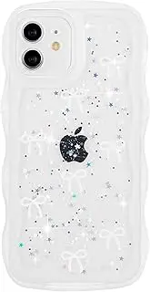 [ZTOFERA] for iPhone 12 Case, Cute Wave Frame Curly Bow TPU Transparent Slim Bowknot Shockproof Glitter Cover, White