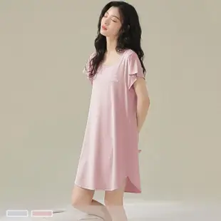 【PINK LADY】2件組-莫代爾睡裙 徐風吹拂 短袖連身居家服(一件式/女睡衣/斜袖口/圓領/寬鬆/印花/外出可穿)