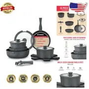Premium 15-Piece Black Granite Cookware Set - Non-Stick with Tempered Glass Lids