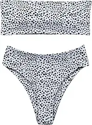 [OMKAGI] Women's Palm Leaf Strapless High Cut Bikini Set Bathing Suit