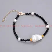 4mm Faceted Black Agate Round Gems Beads White Baroque Pearl Bracelet 7.5''