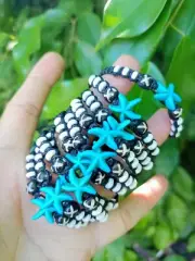10 Handmade Blue Star Fish Bone Beads Black Waxed Nylon Bracelets Wholesale