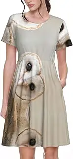[EdWal] Funny Owl Print Womens Sundress Summer Floral Short Sleeve Wrap Round Neck A-Line Midi Dress Summer