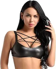 [SMGZC] Women's Leather Bra Sexy Black Shiny Metal PU Leather Bras Bustier Corset Bikinis Wet Look Top Lingerie